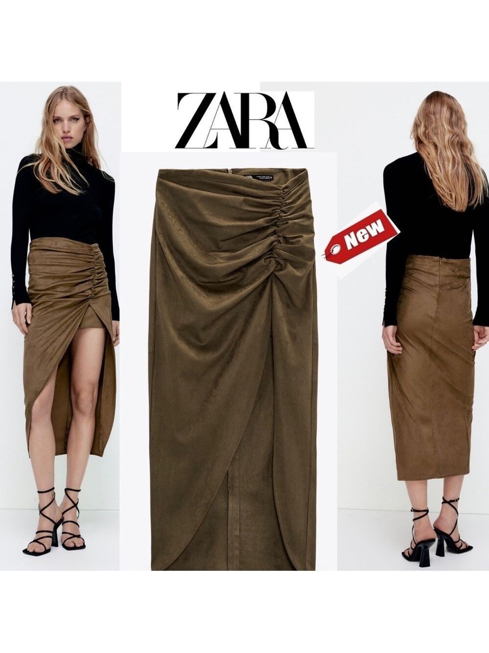 Zara olive army khaki green faux suede side ruched slit midi skirt Sz S NWT